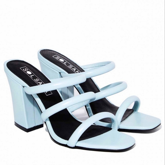 SOL SANA Deon Ice Blue Leather Mules Block High Heel Sandals sz 41 - Picture 1 of 10